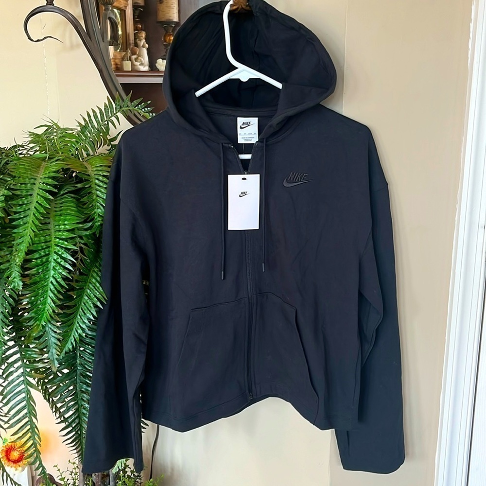 Brand New Nike Black Hoodie Zip Up Cotton Sweatshirt Embroidered Logo Workout